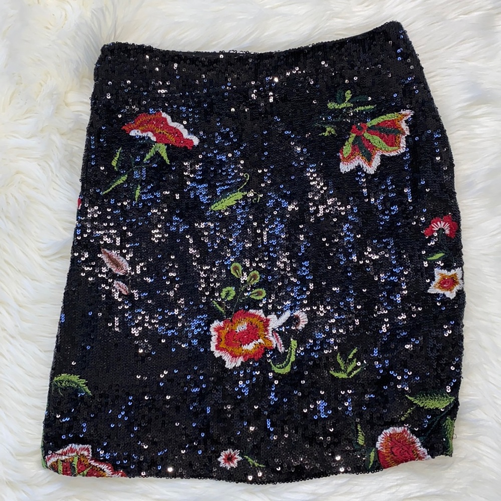 ❤️NWT 🌺 Maeve Anthropologie Garden Glitz Black Sequin Floral Embroidered Skirt